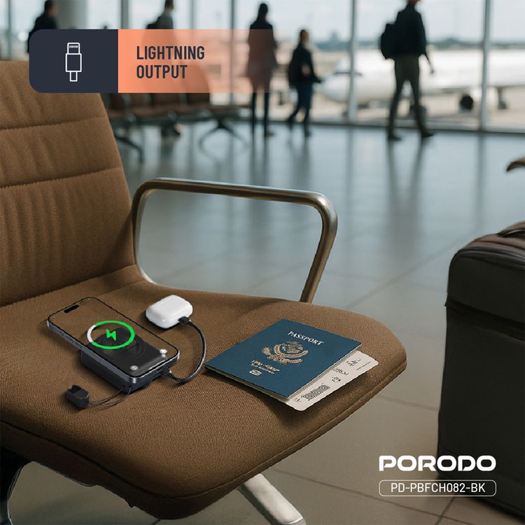 Porodo 10000mAh MagSafe Power Bank with Detachable USB-C to Lightning Cable, 22.5W Power Delivery, Digital Battery Indicator, 15W Maximum Wireless Output - Black