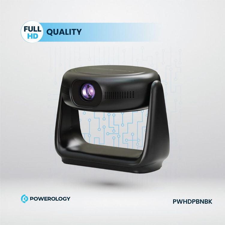 Powerology Rotating Stand Portable Projector, Auto Keystone & Focus, Built-in Lamp, Android 11.0, Bluetooth 5.0, Airplay & Miracast, 5200mAh Battery Capacity, 1GB DDR3 RAM - Black
