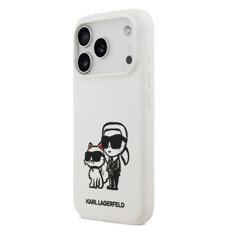 Karl Lagerfeld Liquid Silicone Case with Karl & Choupette Sketch for iPhone 17 Pro, Drop Protection, Slim Profile, Easy Snap-On, Sustainable Packaging, Comfortable Grip, Lightweight Design - White