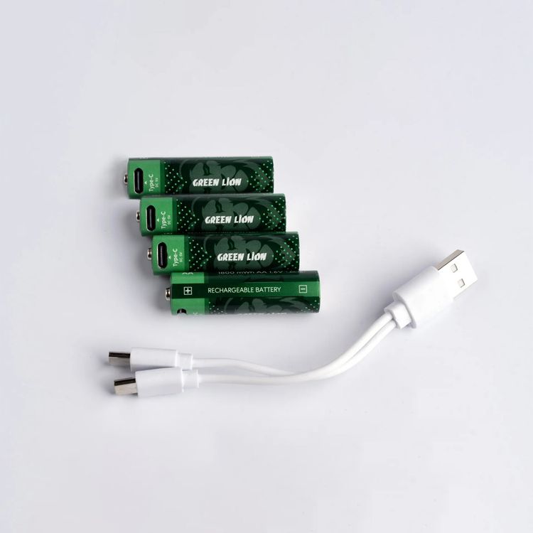 Green Lion Rechargable Battery AA with LED Charging Indicator, 500 mWh Energy, Type-C Charging Port, DC5V Charging Voltage - Green