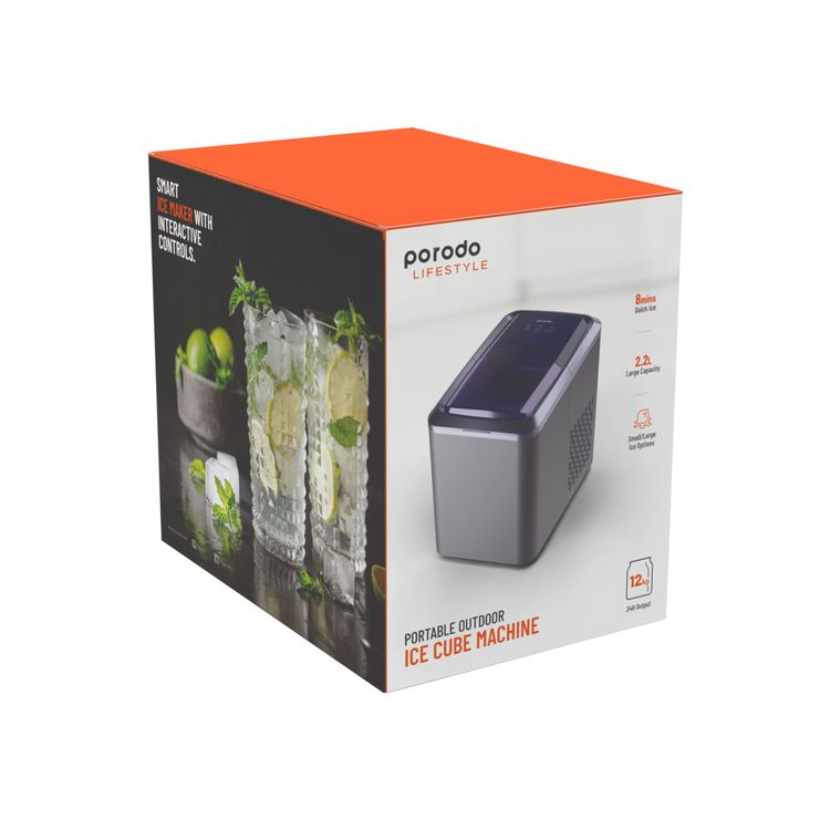 Porodo Lifestyle Portable Outdoor Ice Cube Machine with 2.2L Water Storage Capacity, 8 Minutes Ice Making Time, Small & Large Ice Cubes Maker - Black