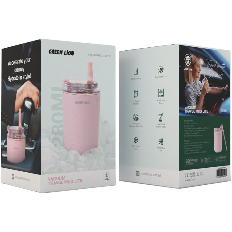 Green Lion Vacuum Travel Mug Lite, 280 mL Capacity, Keeping Hot for 6 Hours and Cold for 12 Hours, Food Grade Silicone Straw, Food Grade Stainless Steel Cup - Pink