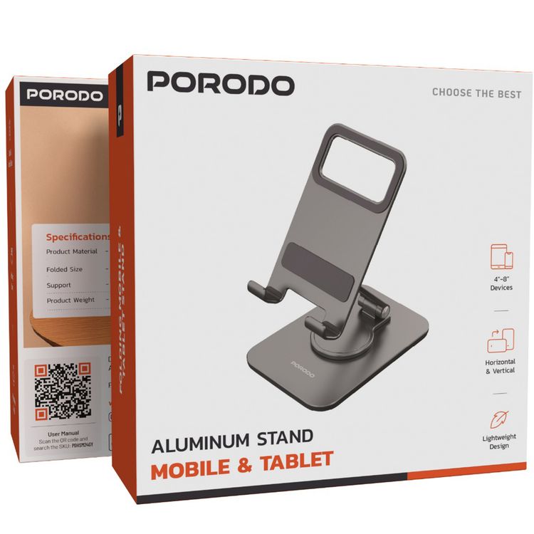 حامل بورودو للألمنيوم للهواتف المحمولة والأجهزة اللوحية مع وضعيات أفقية وعمودية، متوافق مع الهواتف المحمولة والأجهزة اللوحية من 4 إلى 8 بوصات، زاوية قابلة للتعديل، تصميم قابل للطي - رمادي