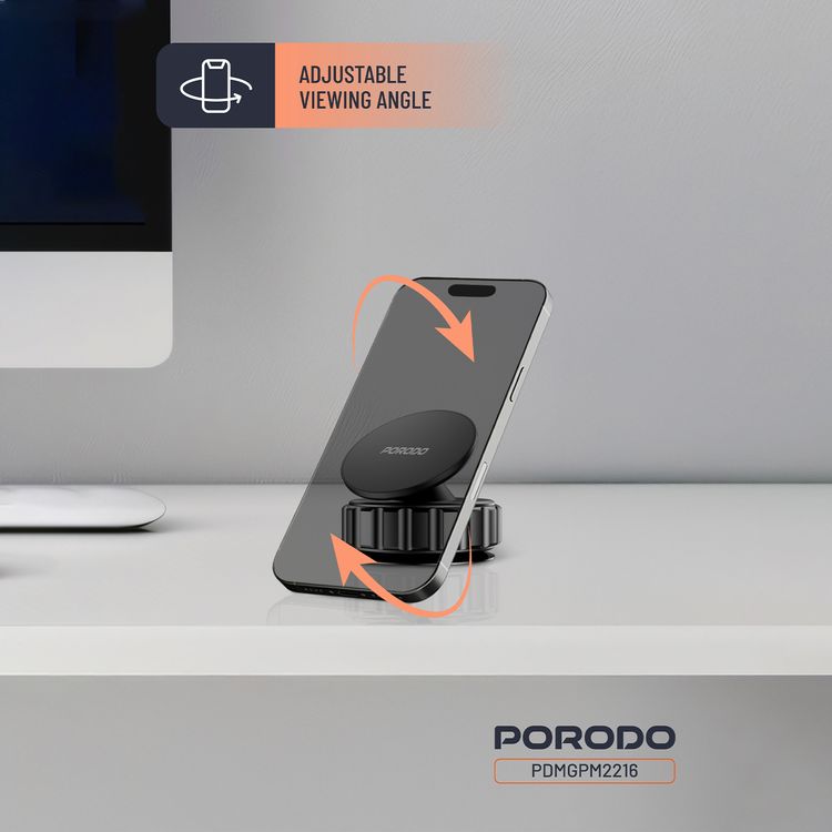 Porodo Multi-Surface Vacuum Suction Phone Holder with Adjustable Viewing Angle & 360° Rotation, Compatible with 4.7"-6.9" Phones, ABS & TPU Material, Double-Layer N52 Magnets - Black