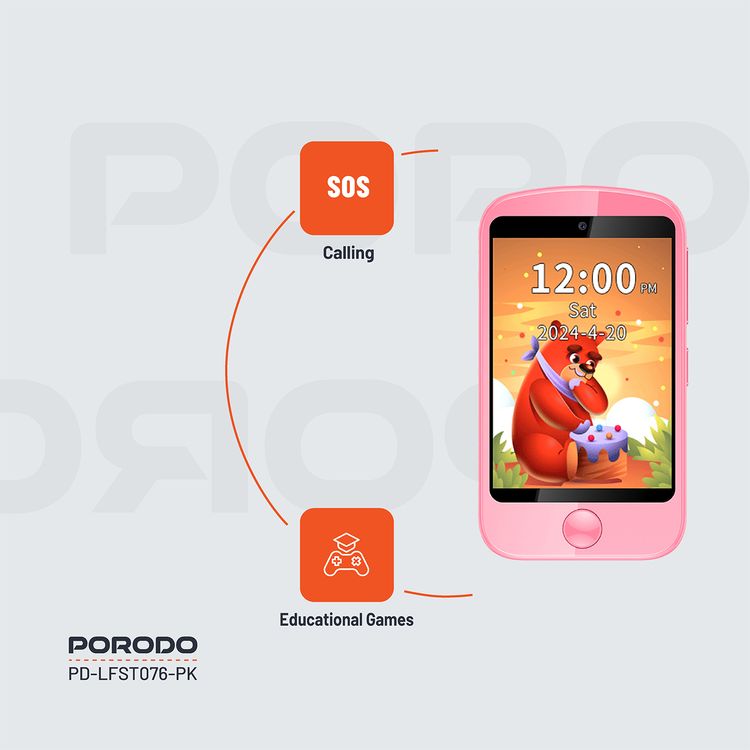 Porodo Kids 4G Smart Phone, 700mAh Battery Capacity, 24 Hours Normal Usage, 48 Hours Standby Time, SOS Calling, 2.8" Screen Size - Pink