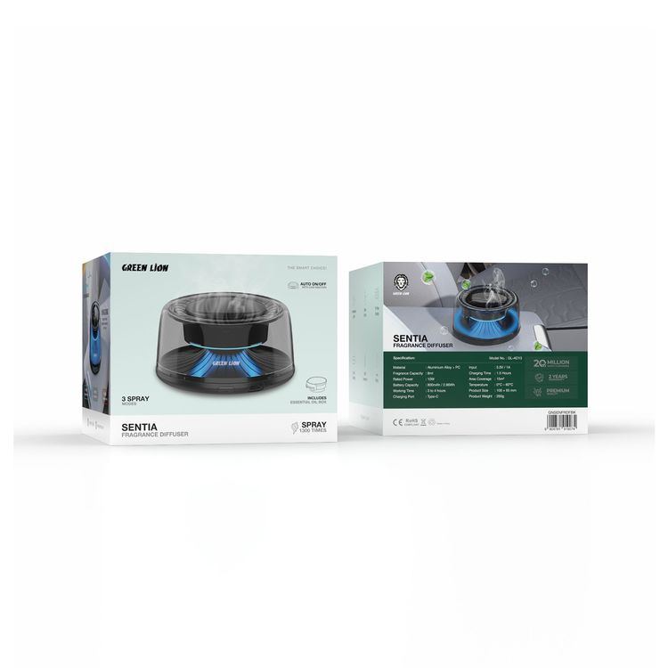 موزع العطر الأخضر "ليون سينتيا" مع تحكم باللمس، منفذ شحن Type-C، مدة عمل 4 ساعات، تغطية منطقة 15 متر مربع، أضواء جوية، 1300 مرة رش، يتضمن صندوق الزيت العطري.