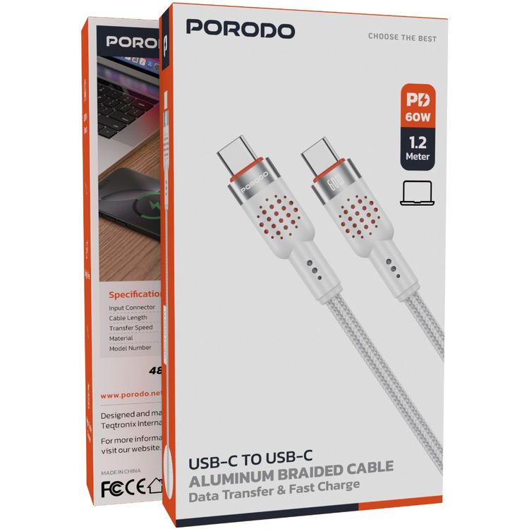 كابل بورودو مضفر من نوع C إلى نوع C مع توصيل طاقة 60 واط، بطول 1.2 متر، سرعة نقل 480 ميجابت في الثانية، يدوم لأكثر من 15,000 انحناء، تصميم غير قابل للتشابك - أبيض