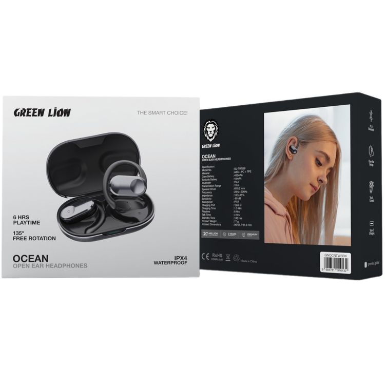 Green Lion Ocean Open-Ear Earbuds with Open-Ear Design, Up to 6 Hours Playtime, 135° Free Rotation, Game Mode, Low Latency, 180 Hours Standby Time, IPX4 Waterproof - Black