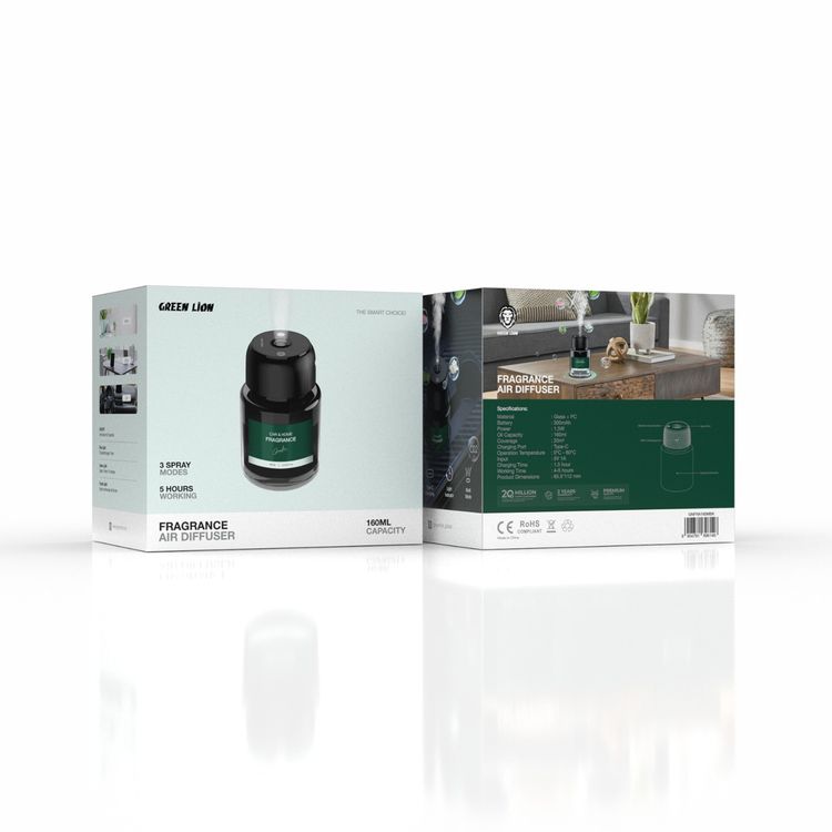 Green Lion Fragrance Air Diffuser with 160mL Oil Capacity, 3 Spray Modes, Up to 5 Hours Working Time, 20m² Coverage Area, 1.5W Power, 300mAh Battery, Glass & PC Material, USB-C Charging Port - Black