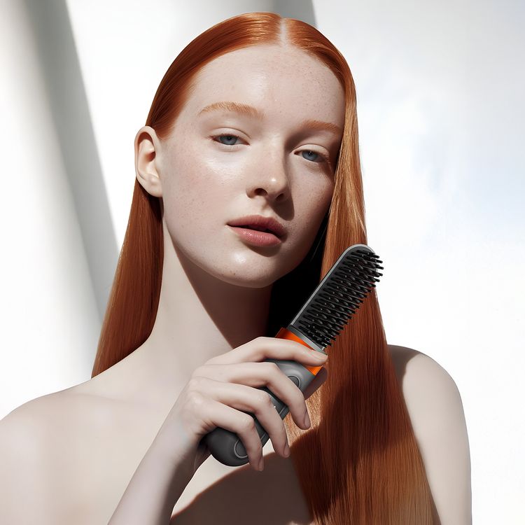 Porodo Lifestyle Portable Heated Styling Brush with PTC and Ceramic Heating Plate, 3 Temperature Settings, Type-C Charging Port, 4000mAh Battery Capacity, 1 Hour Working Time, Portable Design - Black 