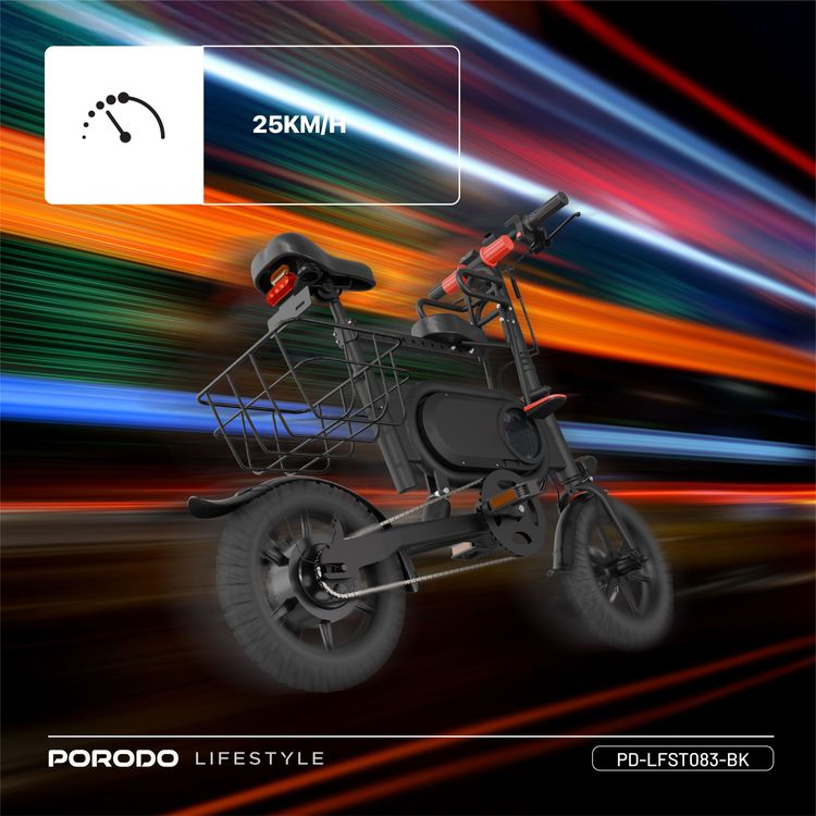 Porodo Lifestyle Folding Urban Electric Bike with 120kg Load Capacity, 14" Wheels, Pedal Assist System, 25km Max Distance, 15° Incline, Front and Rear Brakes - Black