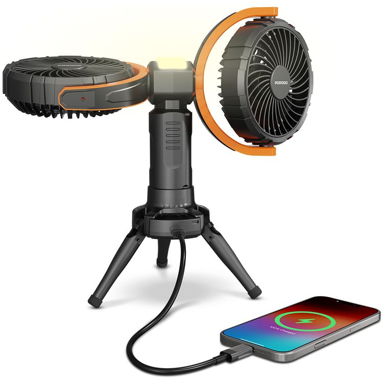 Porodo Lifestyle Dual-Head Oscillating Fan with LED Light, Power Bank, ABS & PP Material, 8000mAh Battery Capacity, Stable Tripod Base, Type-C Charging Port, 4 Levels Fan Speed, Hidden Hook - Black