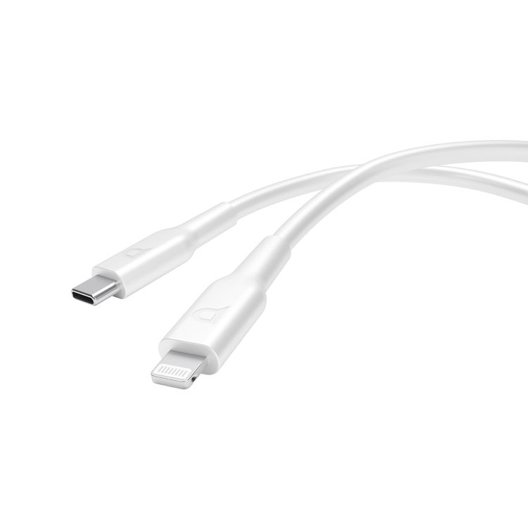 كابل Powerology من USB-C إلى Lightning مع توصيل الطاقة بقوة 20 واط، بطول كابل 1.2 متر، مصنوع من مادة PVC، متوافق عالميًا، مزامنة بيانات سريعة وشحن - باللون الأبيض.
