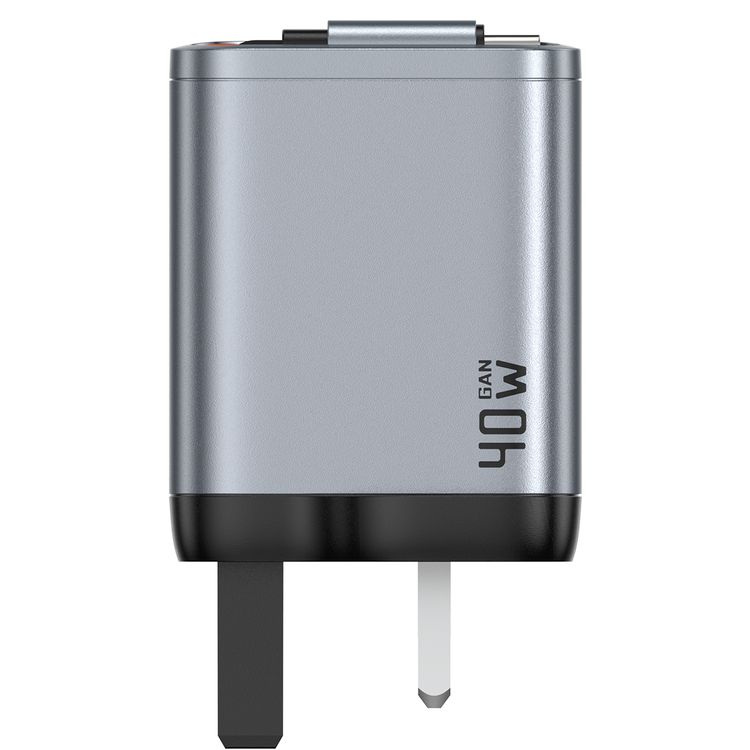 Green Lion GaNPremium UK Plug Wall Charger with 40W Power Delivery, Retractable Type-C Cable, 0%-50% Charge in 30 Minutes, PC Flame Retardant Material, USB-C & USB-A Ports - Gray