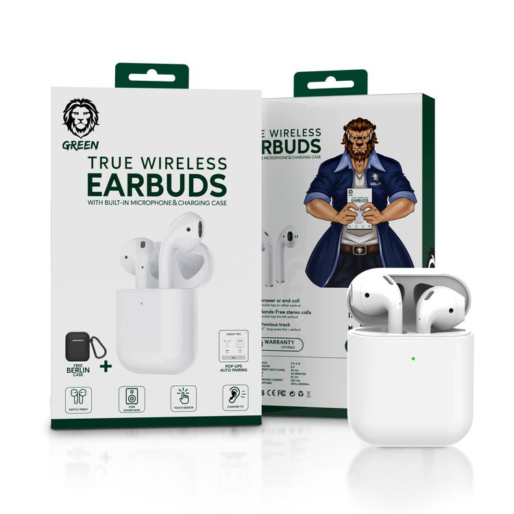 Green Lion True Wireless Bluetooth Earbuds, IPX5 Waterproof, Bluetooth Version 5.2, Built-in Microphone & Charging Case, Pure Sound Bass, Touch Sensor, Comfort Fit, Free Berlin Protective Case - White