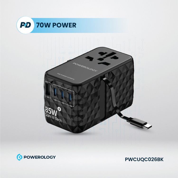 Powerology Universal 85W Super Charger with Retractable Type-C Cable, 70W Power Delivery, GaN Technology, Simultaneous Charging, Spare Fuse Included - Black