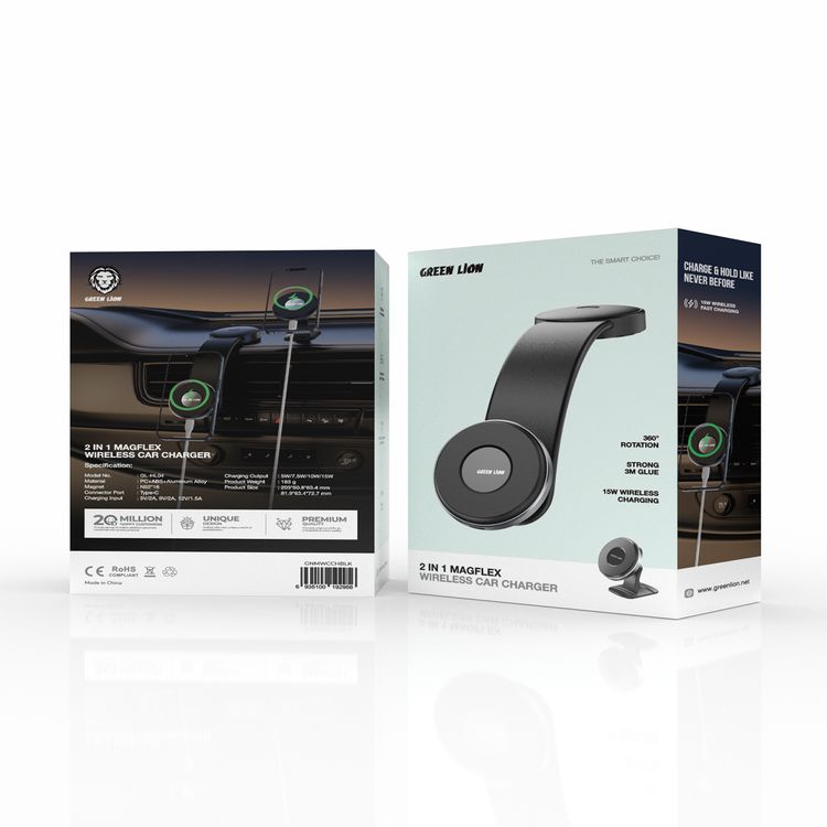 Green Lion 2in1 Magflex Wireless Car Charger, Fast Charge, MagSafe Compatible, Strong 3M Glue, Easy Installation, Power Delivery Up to 15W, Type-C Connector Port,  360° Rotation - Black