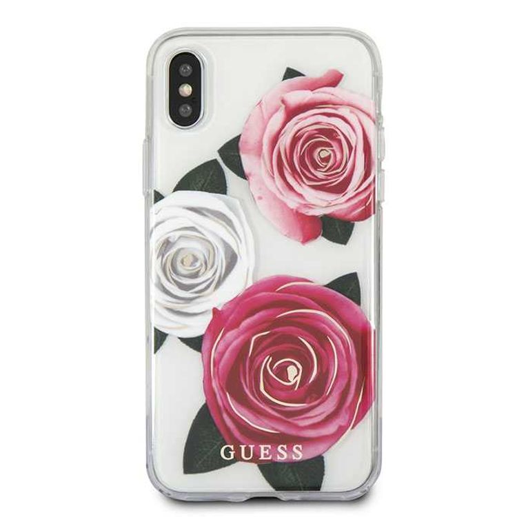 Guess Flower Desire Transparent Hard Case for iPhone Xs Max, Full Protection Case, Shock Absorption Back Cover - Tricolor Roses