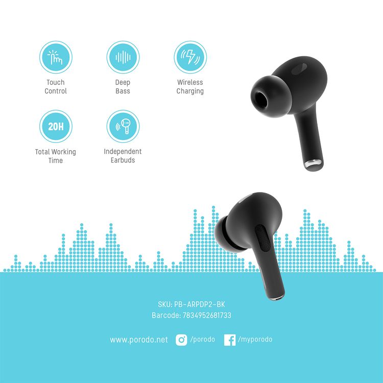 Porodo Blue Earbuds Pro 2 With Swipe Volume, 20 Hours Working Time, Wireless Charging, Deep Bass, Independent Earbuds, Touch Control - Black