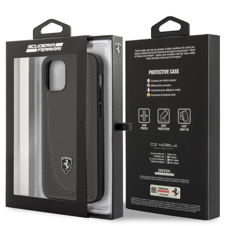 جراب صلب من الجلد الأصلي Off Track من Ferrari مع جلد مثقب بخيوط منحنية وجلد متباين لهاتف iPhone 12/12 Pro (6.1 بوصة) - رمادي داكن