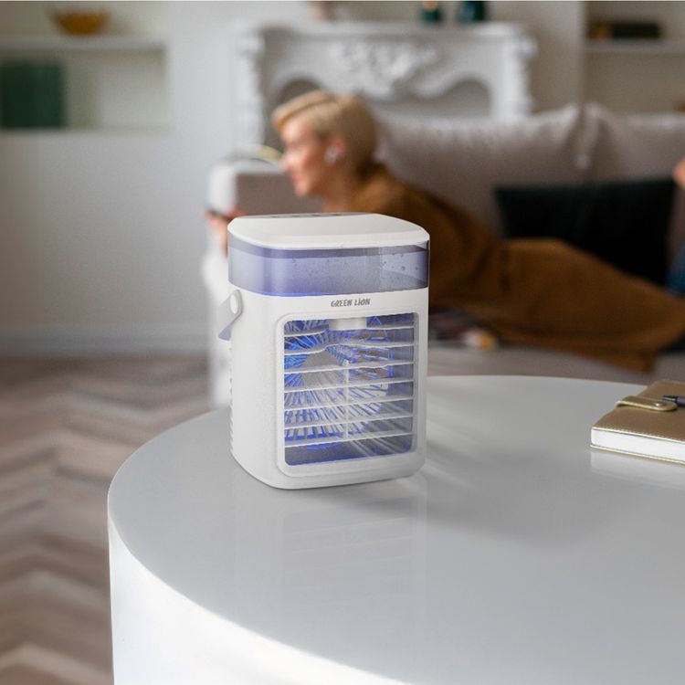 Green Lion Rechargeable Air Cooler Fan with 4 Hours Working Time, Large Water Tank, USB-C Plug-in Use, 3-Blade Fan, Night Light, Quiet Operation - White