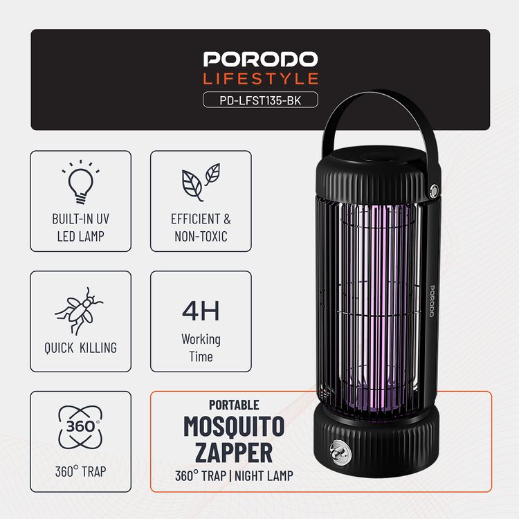 Porodo Lifestyle Portable Mosquito Zapper with Built-in UV LED Lamp, Up to 4 Hours Working Time, 2000mAh Battery Capacity, Efficient & Non-Toxic, 4.5W Rated Power - Black