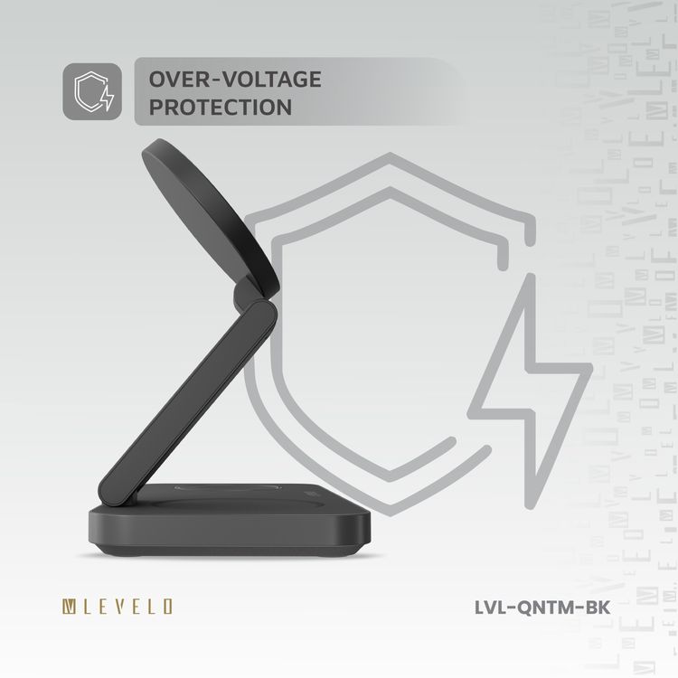 Levelo Quantum 3-in-1 Wireless Charger with 15W Phone Output, 5W AirPods Output, 3W iWatch Output, Strong N52 Magnet, LED Indicator, Compatible with MagSafe, Over Temperature Protection, Simultaneous Charging, Over Voltage Protection, Fast Charging, Foldable Design - Black