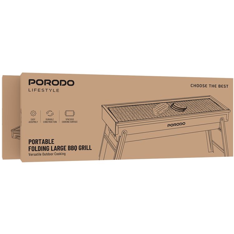 Porodo Lifestyle Portable Folding Large BBQ Grill with Steel Material, BBQ Grill Spatula and Fork Set, BBQ Grill Net, Hand Hooks, Spacios Cooking Surface, Easy Assembly - Black