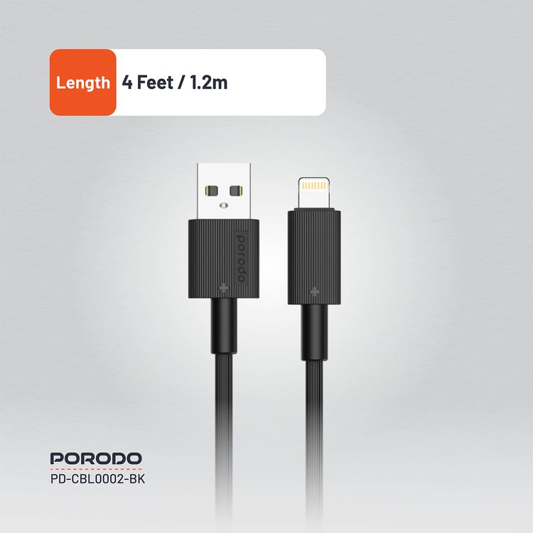 Porodo USB A to Lightning PVC Cable, 480Mbps, 2.4A Current, more than 15000 Bends Life Span, 1.2m Cable length, Tangle Free - Black