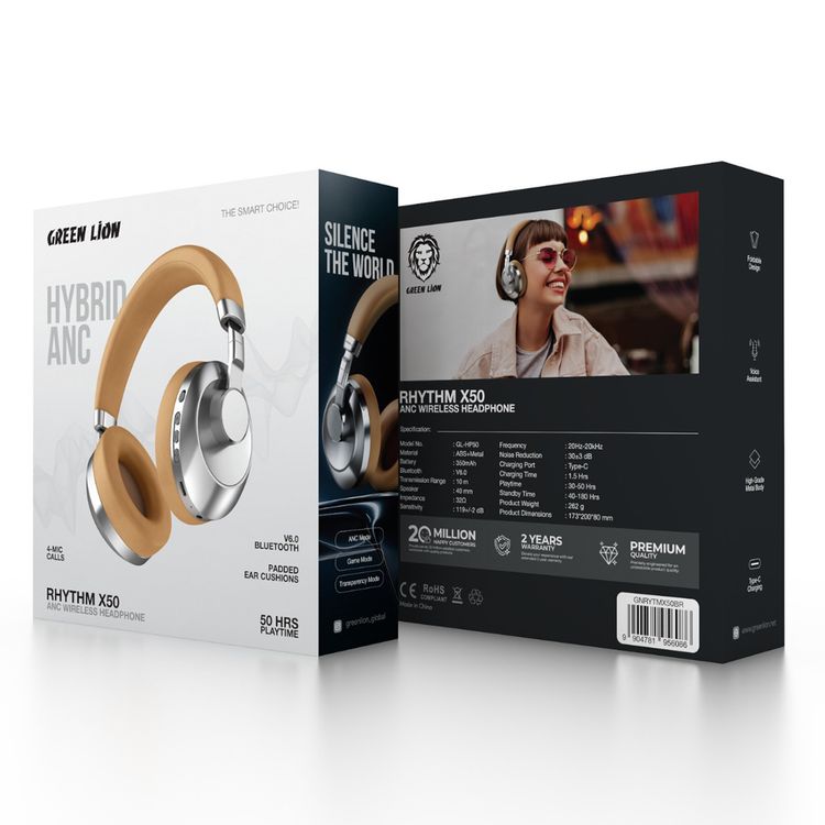 سماعات رأس لاسلكية Green Lion Rhythm X50 ANC مع 4 ميكروفونات، حتى 50 ساعة من وقت التشغيل، منفذ شحن USB-C، إصدار Bluetooth 6.0، نطاق نقل 10 أمتار، حجم مكبر الصوت 40 مم، بطارية بسعة 350 مللي أمبير، وسائد أذن مبطنة، تصميم قابل للطي - باللون البني
