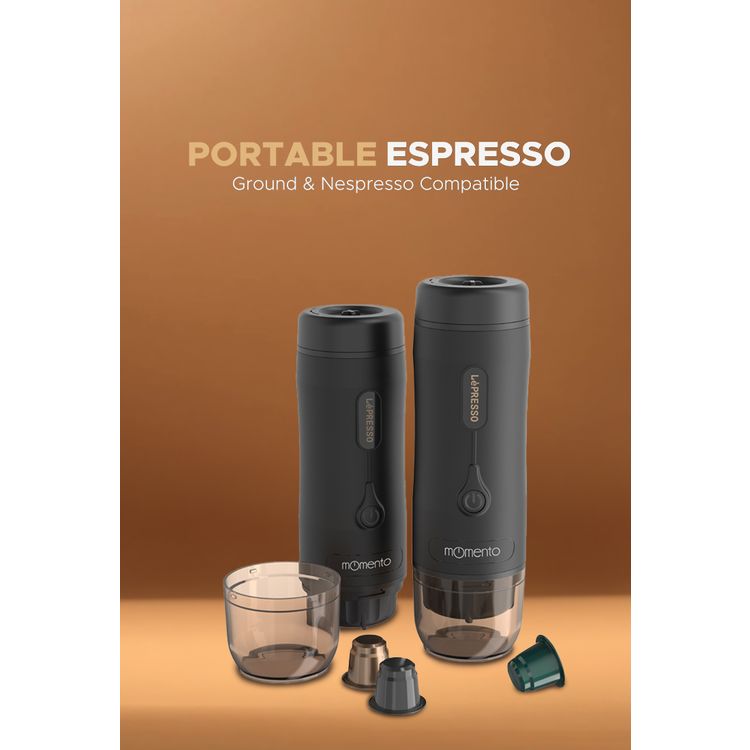 LePresso Momento 2.0 Portable Espresso Coffee Machine, Ground & Nespresso Compatible, 75W Power, 2500 mAh Battery Capacity, 2-3 Hours Re-Charge Time, 4 Single Shots Fully Charged Working Time - Black