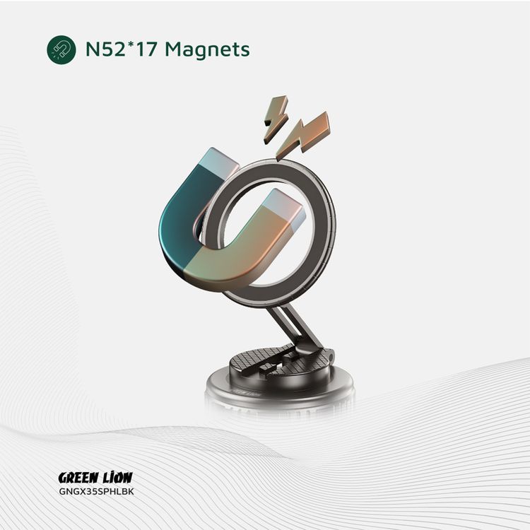 Green Lion GX-35 Suction Phone Holder with 360° Rotation, MagSafe Compatibility, N52×17 Magnets, 2kg Adsorption Force, Zinc Alloy Arm, 50kPa Pressure, Foldable Design - Black