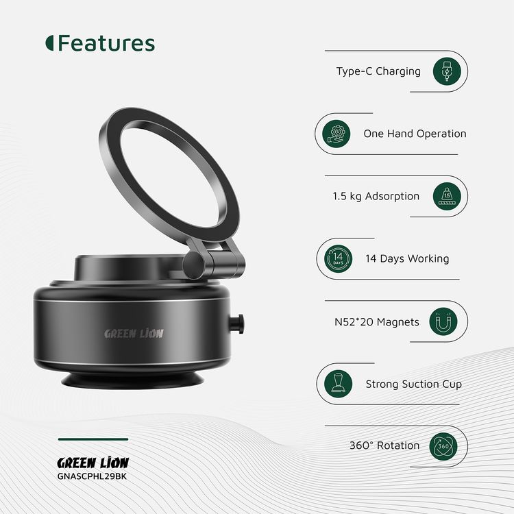 حامل الهاتف Green Lion GX-29 مع شفط تلقائي ودوران 360°، كوب شفط قوي، إمتصاص 1.5 كجم، تشغيل بيد واحدة، متوافق مع ماغسيف، شحن Type-C، وقت عمل 14 يومًا - باللون الأسود غير اللامع.