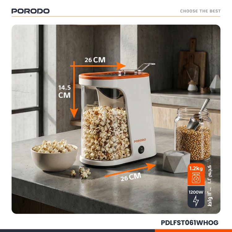 Porodo Lifestyle Air-Popped Popcorn Maker, Quick and Efficient, 60g Corn Kernel, 2-4 Minutes Prep Time, Oil-Free - White / Orange