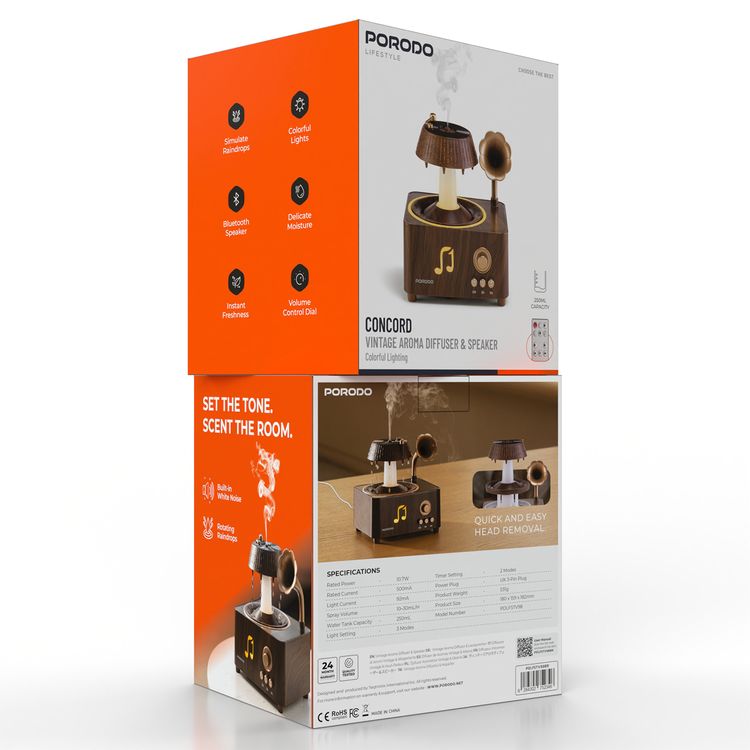 Porodo Concord Vintage Aroma Diffuser & Speaker with Simulate Raindrops, Colorful Lights, Remote Control, Rotating Raindrops, Built-in White Noise, Volume Control Dial, Instant Freshness, Delicate Moisture - Brown