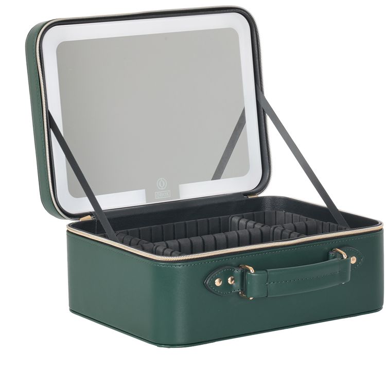 Porodo Travel Makeup Bag with Detachable 12" LED Mirror, 2000mAh Battery, 100 LED Beads, 2800K-6500K Color Temperature, 3 Light Modes, Multiple Compartments - Green