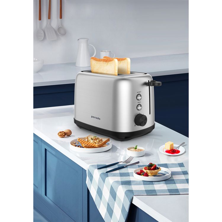 Porodo Lifestyle Golden Brown Toaster with Defrost Function, 6 Browning Options, 750W Power, Aluminum & ABS Material, Breadcrumbs Tray - Black