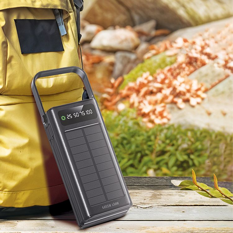 Green Lion Solar X 30000mAh Power Bank with QC 22.5W, PD 20W, Type-C & Micro & Lightning & USB-A Cables, 4× USB-A, Micro, Lightning, USB-C Ports, ABS & PC Material, SOS & Steady Flash Modes, Multiple Protection, Portable Handle, Digital Display - Black