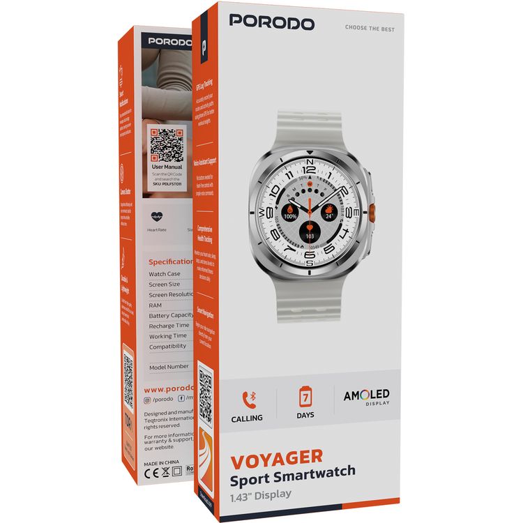 Porodo Voyager Sport Smart Watch with Extra Strap, 1.43" AMOLED Screen, Up to 7 Days Working Time, Compatible with Android 5.0 & Above, iOS 10.0 & Above, Health Tracking, Voice Assistant Support, Smart Notifications, GPS Log Tracking - Silver