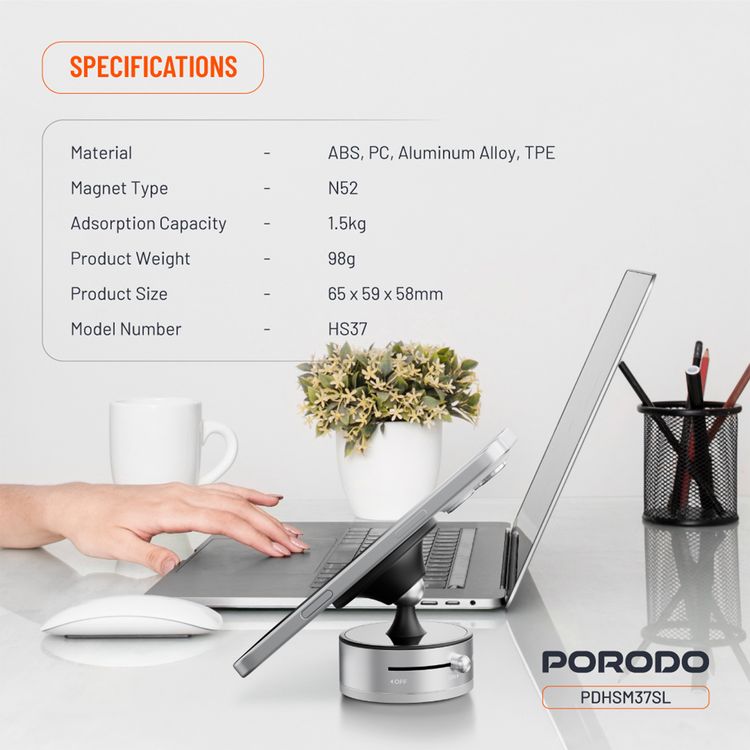 Porodo Multi-Surface MagSafe Phone Holder with Grip-Lock Toggle, ABS & PC & Aluminum Alloy Material, N52 Magnet Type , 1.5kg Adsorption Capacity, Adjustable Viewing Angle - Silver