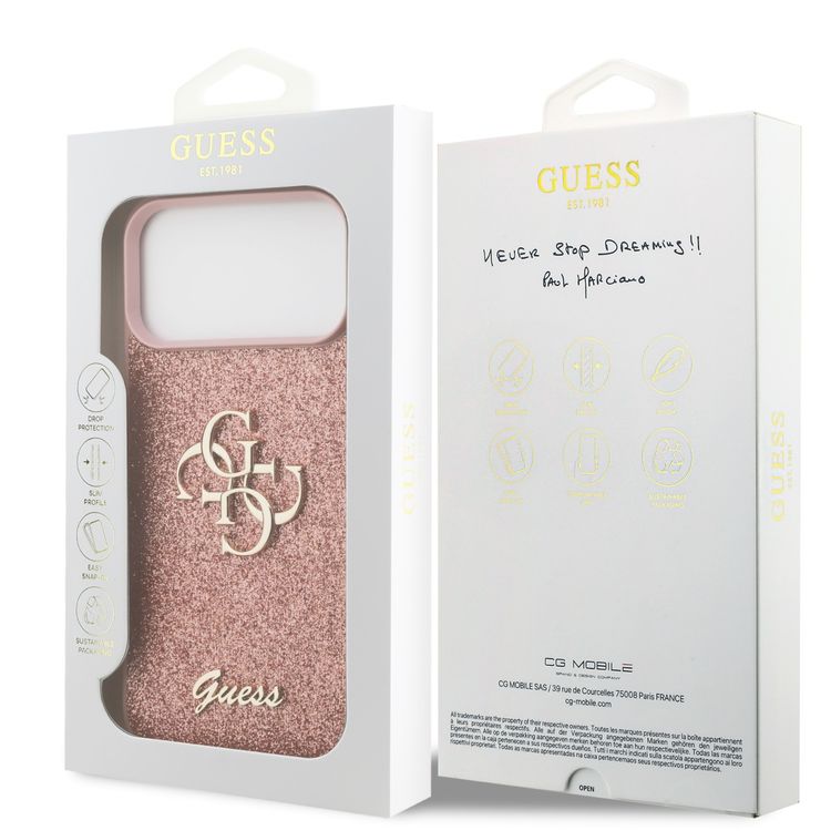 غطاء PU Glitter Case مع شعار معدني كبير 4G لهاتف iPhone 17 Pro Max، حماية من الصدمات، تصميم نحيف وخفيف الوزن، سهل التركيب، تغليف مستدام، قبضة مريحة - زهري