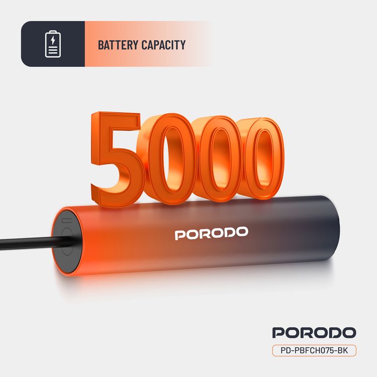 بنك طاقة بورودو PB075 بسعة 5000 مللي أمبير/ساعة مع كابل Type-C مدمج، PD 20 وات، ×2 منفذ Type-C، تصميم محمول، يدعم الشحن السريع - أسود
