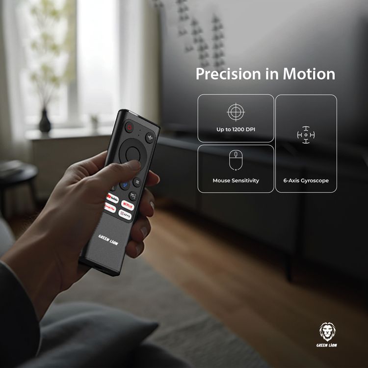 جهاز Green Lion Wireless Remote Pro مع لوحة مفاتيح وفأرة، اتصال 2.4G + بلوتوث، دقة 1200 DPI، منفذ شحن Type-C، مساعد صوتي، 61 مفتاح للوحة المفاتيح، سعة بطارية 300mAh، لوحة مفاتيح صغيرة – باللون الأسود.