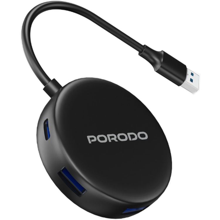 Porodo Multi-Port Hub with USB-C Power Support, Broad Compatibility, ×4 USB 3.0 Ports,  Plug & Play, Compact & Lightweight - Black