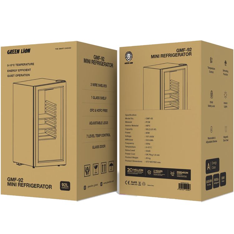 Green Lion GMF-92 Mini Refrigerator with Removable & Adjustable Shelves, 7 Level Temperature Control, Child Safety Lock, Magnetic Door Seal, Defrosting Function, Interior Lights - Black