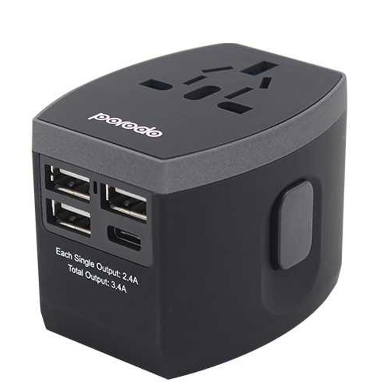 Porodo 3 USB + 1 Type-C Port Universal Travel Adapter 3.4A - Worldwide All in One Universal Power Wall Charger - International Compatibility (US / EU / UK / AU Plugs) - Black