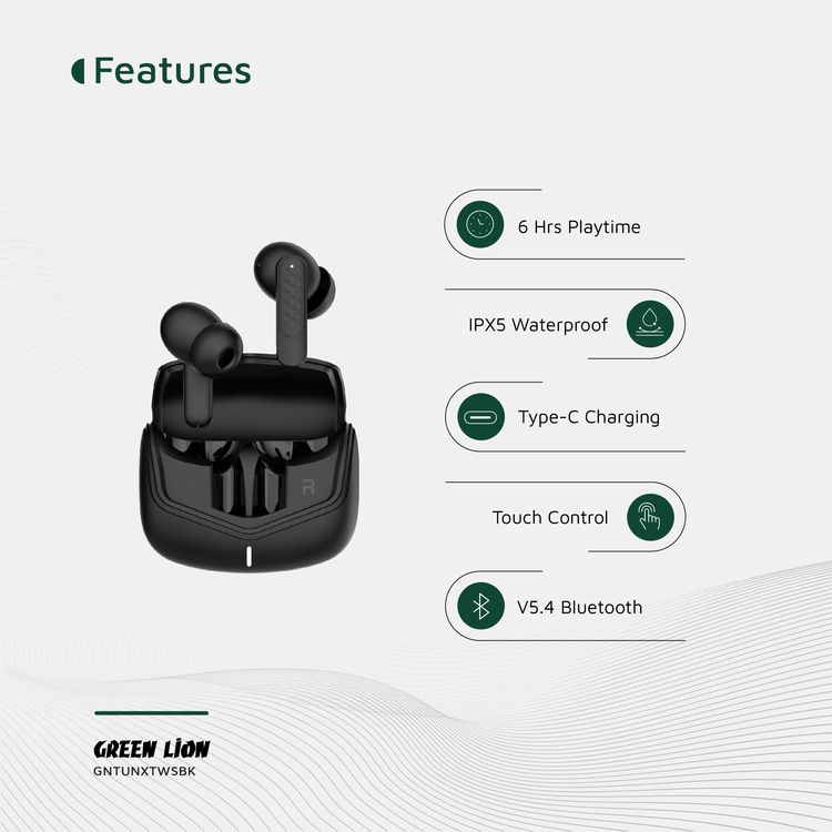 Green Lion Tune X Wireless Earbuds Tune with Touch Control, IPX3 Water Resistance Level, Type-C Charging Port, Bluetooth Version 5.4, In-App Control, ABS + PC Material - Black
