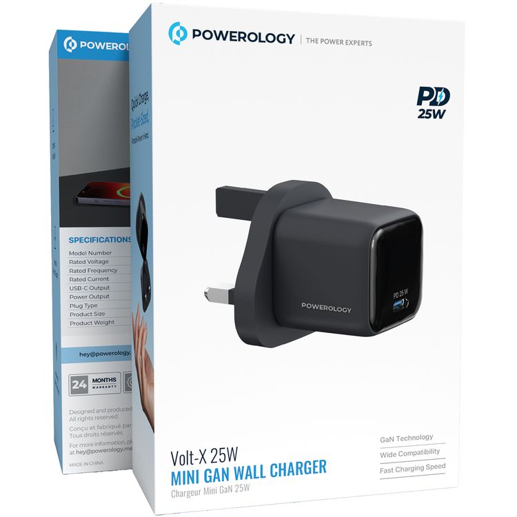 Powerology Volt-X 25W Mini Gan Wall Charger, Universal Protocol Support, Fast Charging Speed, Wide Compatibility, Compact Travel Size - Black