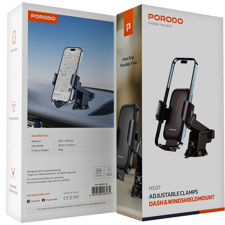Porodo Dash & Windshield Mount with Adjustable Viewing Angle, Strong Adhesive, 60-90mm Grip Width, ABS & Silicone Material, Secure Grip - Black
