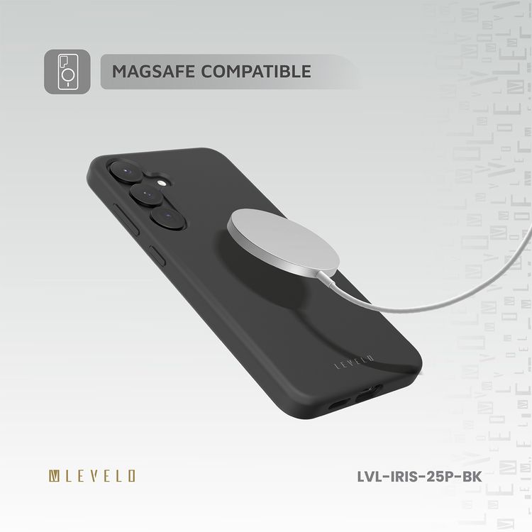 جراب Levelo Iris لهاتف Samsung Galaxy S25 Plus متوافق مع MagSafe، مصنوع من مادة السيليكون السائل الممتازة، وزوايا مقاومة للصدمات، وحلقة كاميرا معدنية، ومغناطيس MagSafe قوي - أسود